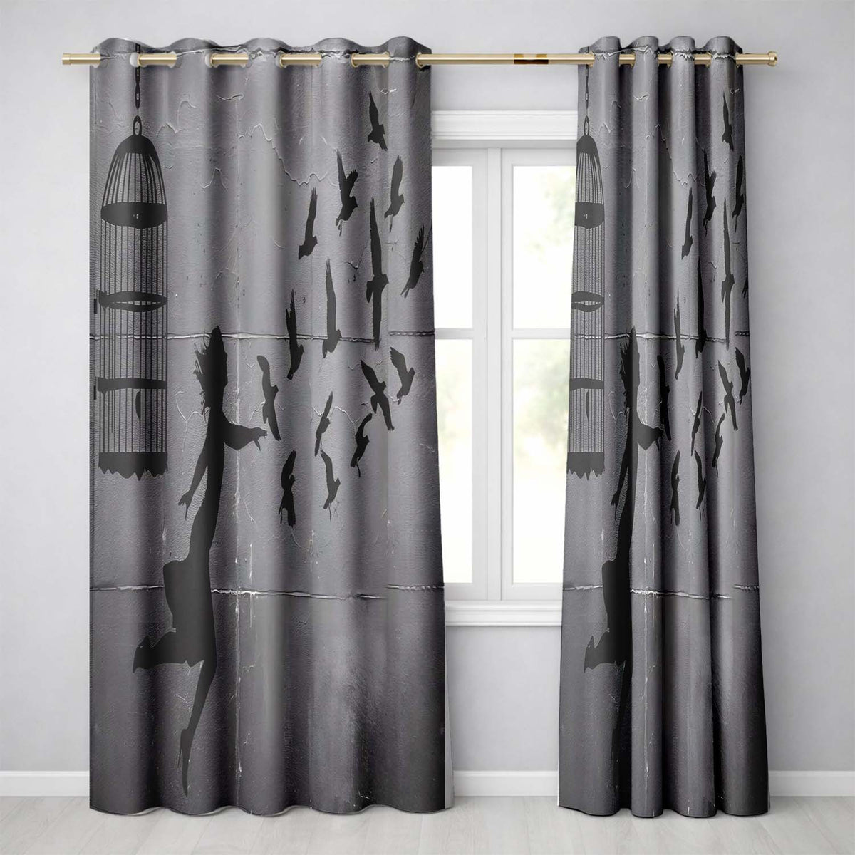 Woman Releasing Birds Grey Silhouette Street Art Contemporary Wall Art Home Decor Readymade Eyelet Ring Top Thermal 100% Blackout Curtains
