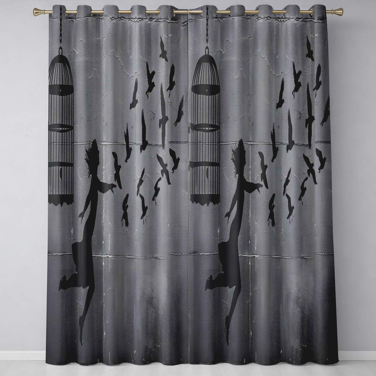 Woman Releasing Birds Grey Silhouette Street Art Contemporary Wall Art Home Decor Readymade Eyelet Ring Top Thermal 100% Blackout Curtains