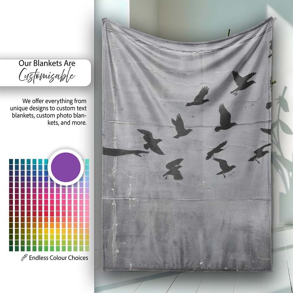 Woman Releasing Birds Grey Silhouette Street Art, All Season Comfort, Gift for Adults and Teens - Super Soft Fleece Blanket Bed Sofa Throw