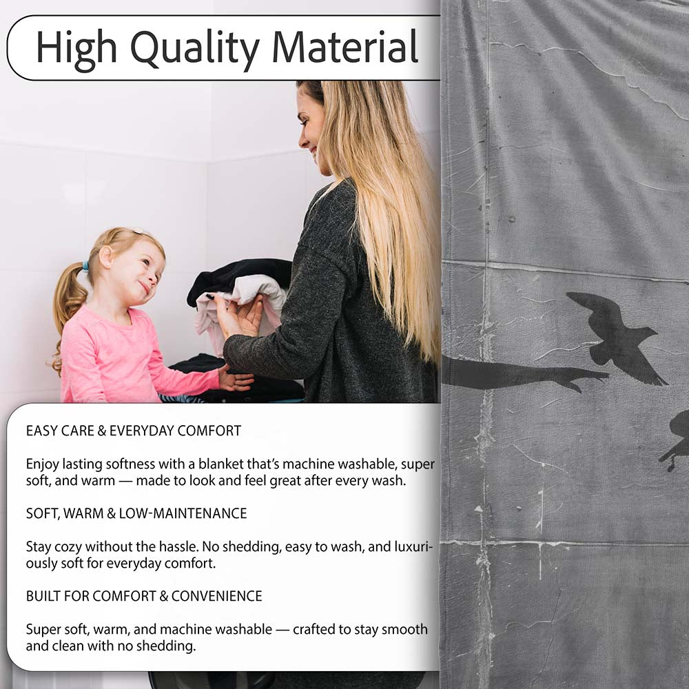 Woman Releasing Birds Grey Silhouette Street Art, All Season Comfort, Gift for Adults and Teens - Super Soft Fleece Blanket Bed Sofa Throw