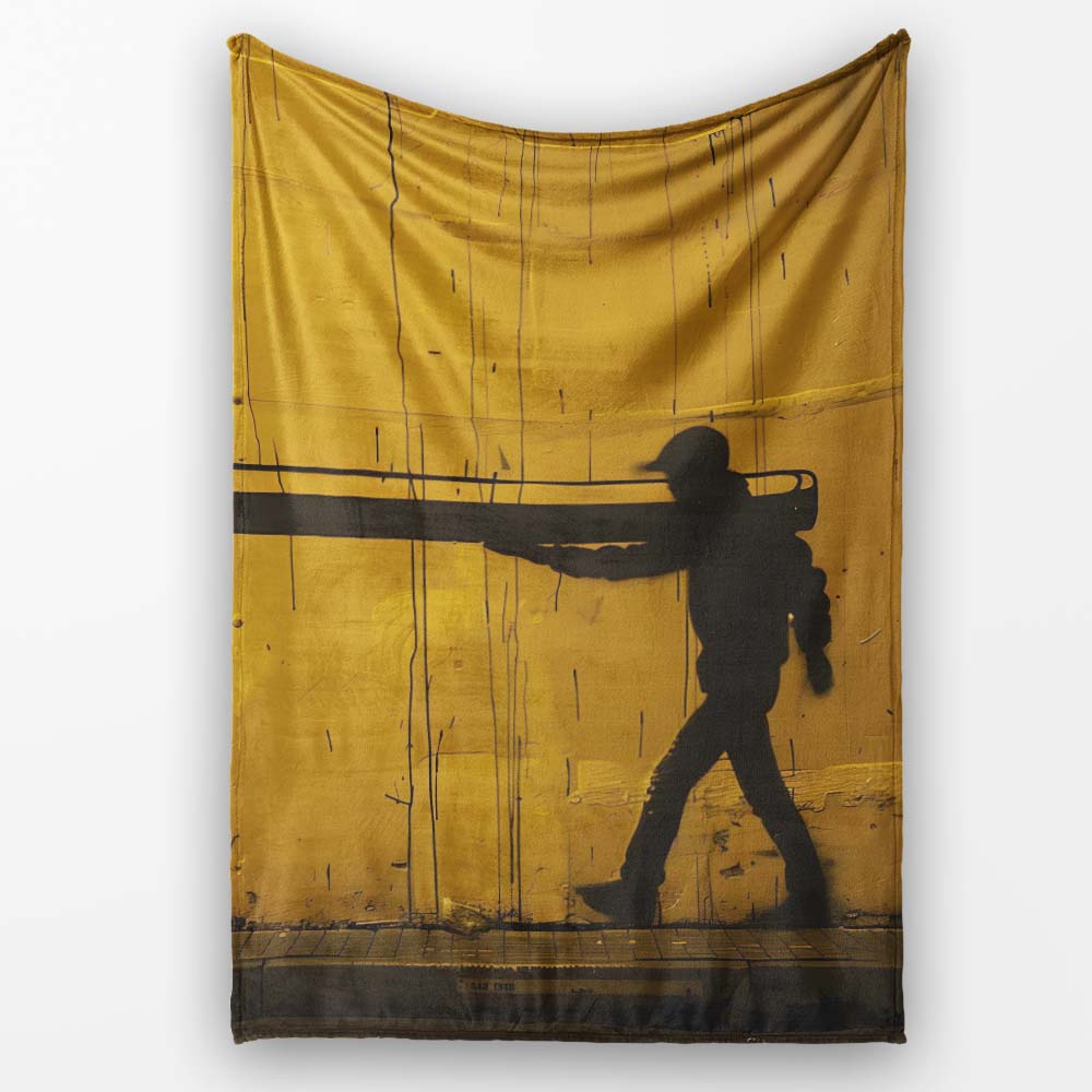 Yellow Giant Pencil Walking Figure Urban Artwork, All Season Comfort, Decorative Wall Art Style - Super Soft Fleece Blanket Bed Sofa Throw
