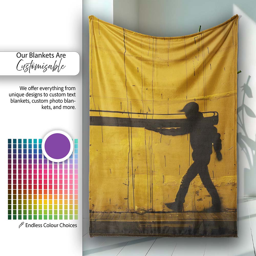 Yellow Giant Pencil Walking Figure Urban Artwork, All Season Comfort, Decorative Wall Art Style - Super Soft Fleece Blanket Bed Sofa Throw