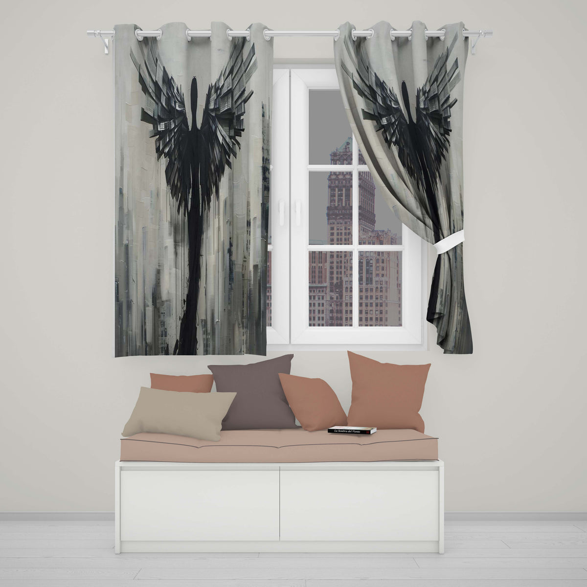 Winged Figure Above Grey City Skyline Abstract Striking Artwork for Bedroom Decor Readymade Eyelet Ring Top Thermal 100% Blackout Curtains