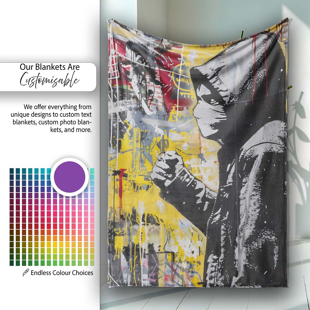 Masked Cameraman Yellow Grey Urban Collage, Decorative Wall Art Style, Comfortable Everyday Use - Super Soft Fleece Blanket Bed Sofa Throw