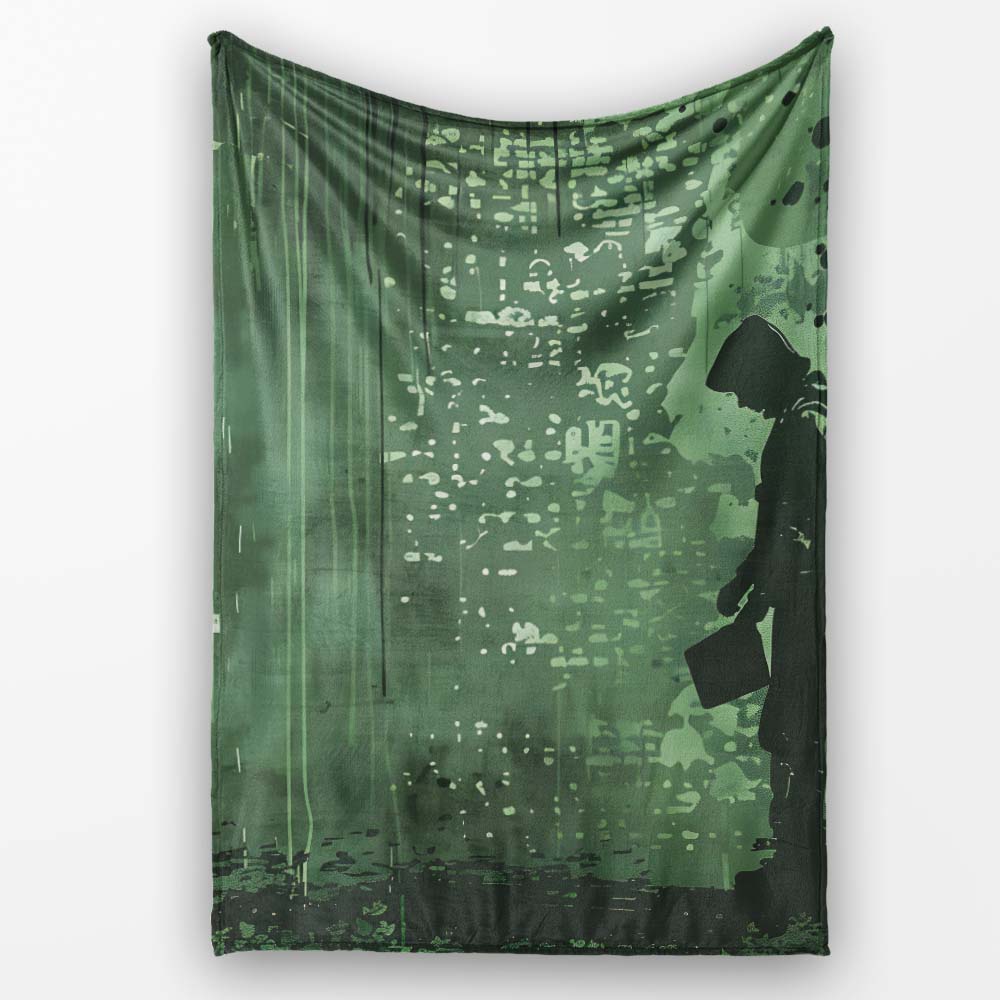 Green Rainy Traveller Silhouette Street Art, Bedroom Living Room Accent, Unique Artistic Design - Super Soft Fleece Blanket Bed Sofa Throw
