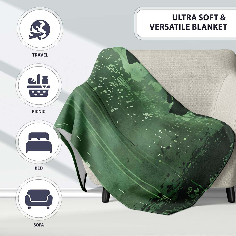 Green Rainy Traveller Silhouette Street Art, Bedroom Living Room Accent, Unique Artistic Design - Super Soft Fleece Blanket Bed Sofa Throw