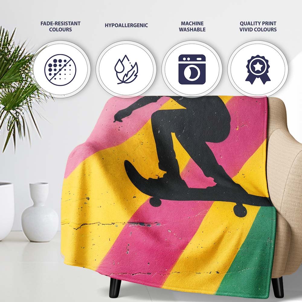 Colourful Skateboarder Silhouette Rainbow Street Art, Lightweight Comfortable Decorative Accent - Super Soft Fleece Blanket Bed Sofa Throw