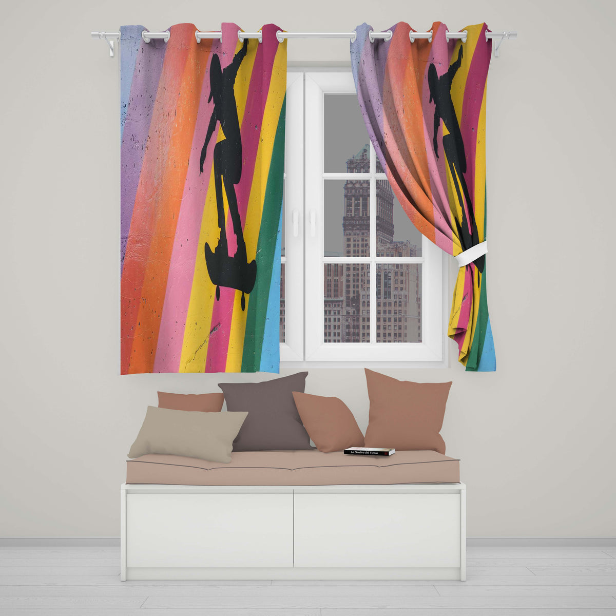 Colourful Skateboarder Silhouette Rainbow Street Art Modern Design for Home Decor Readymade Eyelet Ring Top Thermal 100% Blackout Curtains