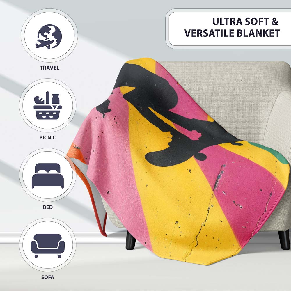 Colourful Skateboarder Silhouette Rainbow Street Art, Lightweight Comfortable Decorative Accent - Super Soft Fleece Blanket Bed Sofa Throw
