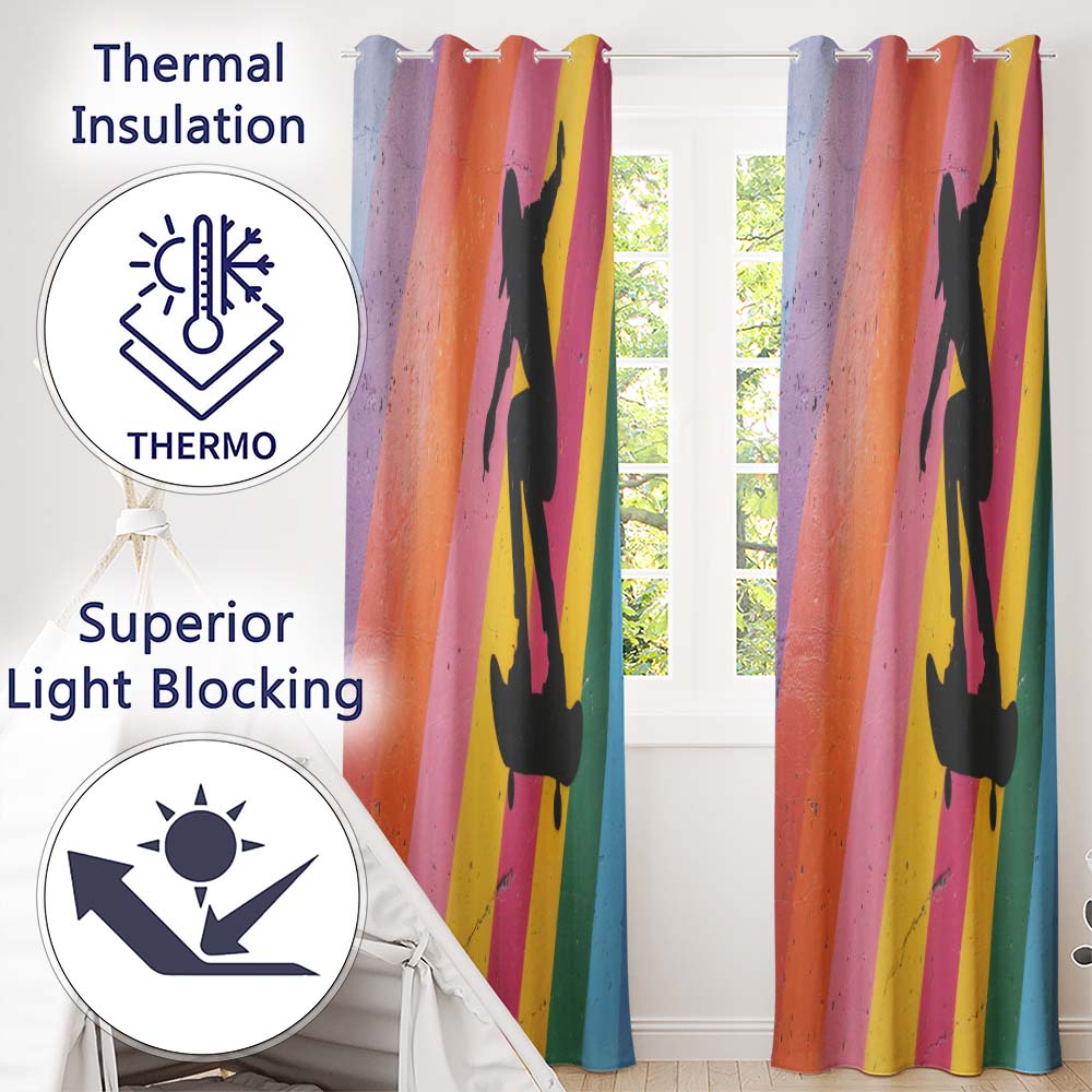 Colourful Skateboarder Silhouette Rainbow Street Art Modern Design for Home Decor Readymade Eyelet Ring Top Thermal 100% Blackout Curtains