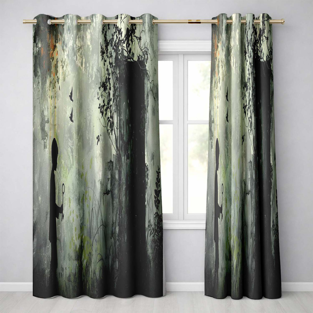 Child Holding Key Near Overgrown Door Art Elegant Timeless Artwork for Home Decor Readymade Eyelet Ring Top Thermal 100% Blackout Curtains