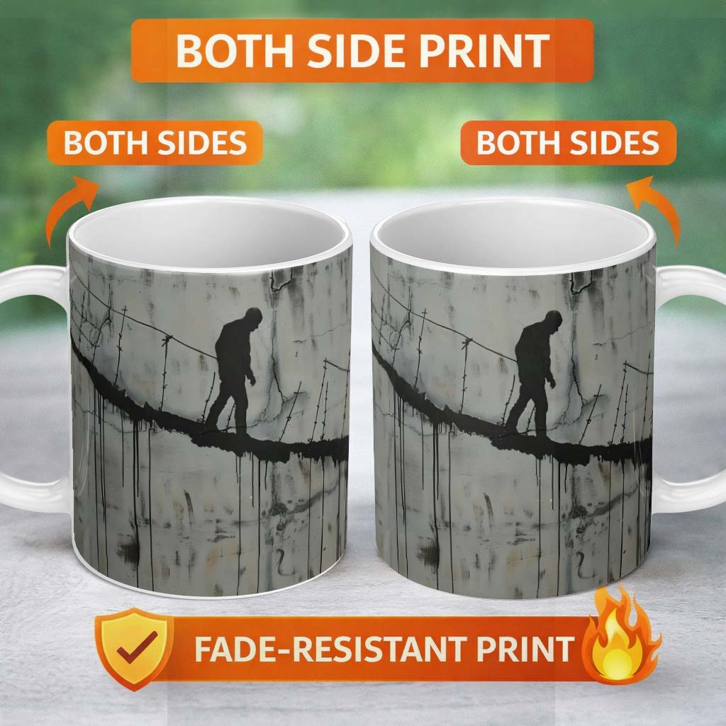 Lone Walker on Barbed Wire Tightrope Urban Art 11oz Ceramic Coffee Tea Mug White Large Handle