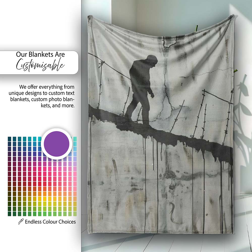 Lone Walker on Barbed Wire Tightrope Urban Art, Lightweight Warm Gift, Comfortable Everyday Use - Super Soft Fleece Blanket Bed Sofa Throw
