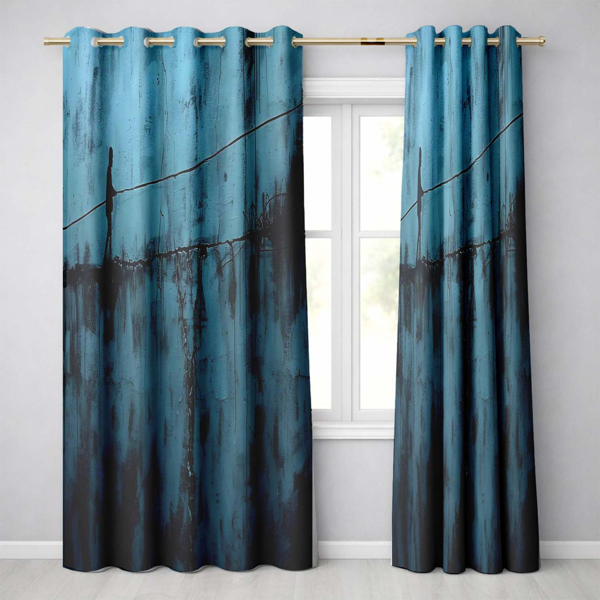 Minimalist Blue Tightrope Walker Abstract Wall Art Timeless Design for Home Decor Readymade Eyelet Ring Top Thermal 100% Blackout Curtains