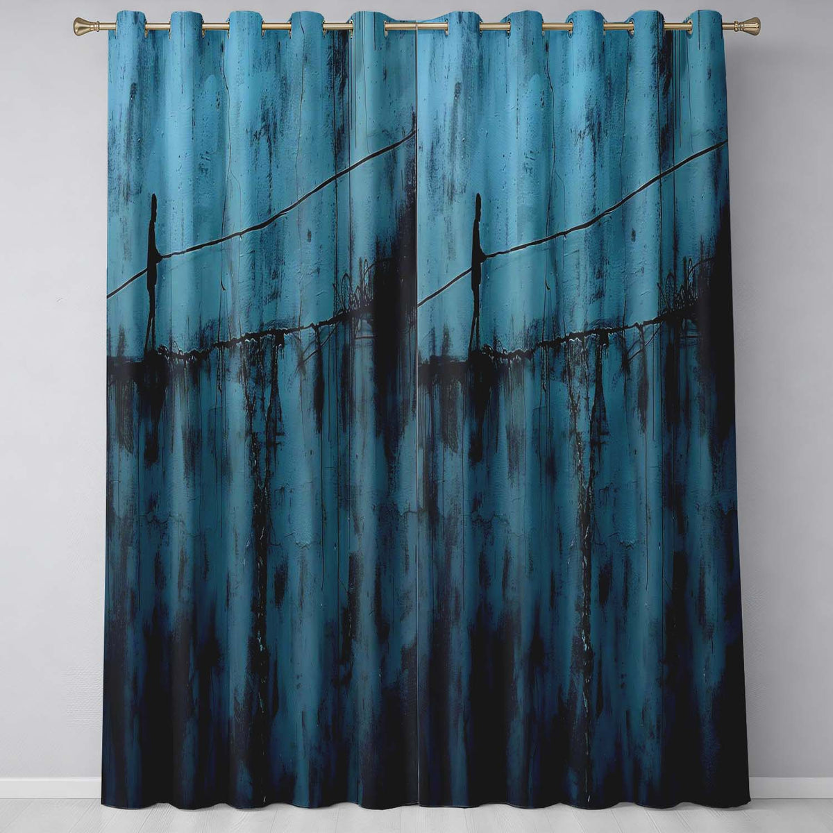 Minimalist Blue Tightrope Walker Abstract Wall Art Timeless Design for Home Decor Readymade Eyelet Ring Top Thermal 100% Blackout Curtains