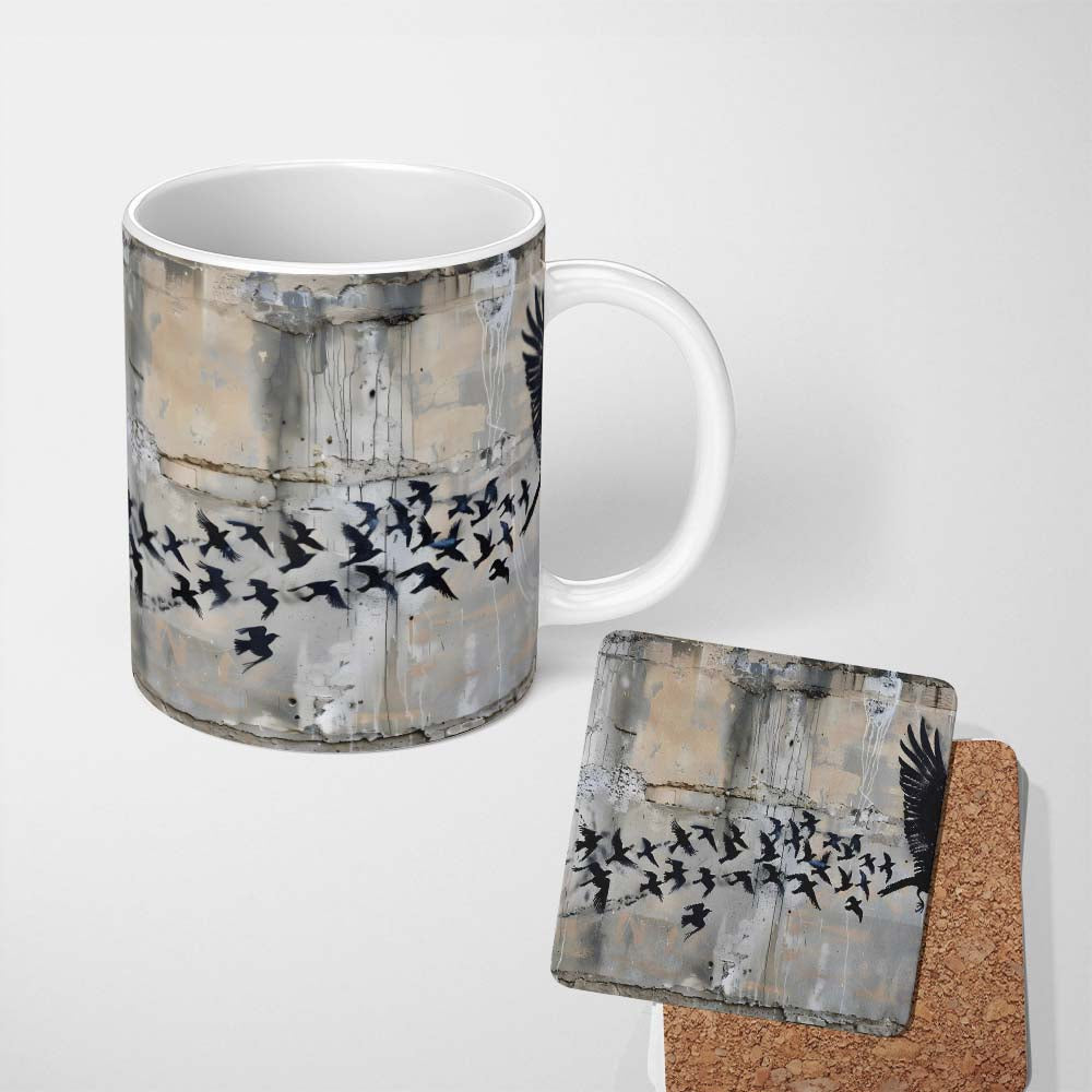Flying Black Birds Flock Urban Graffiti Wall Art 11oz Ceramic Coffee Tea Mug White Large Handle