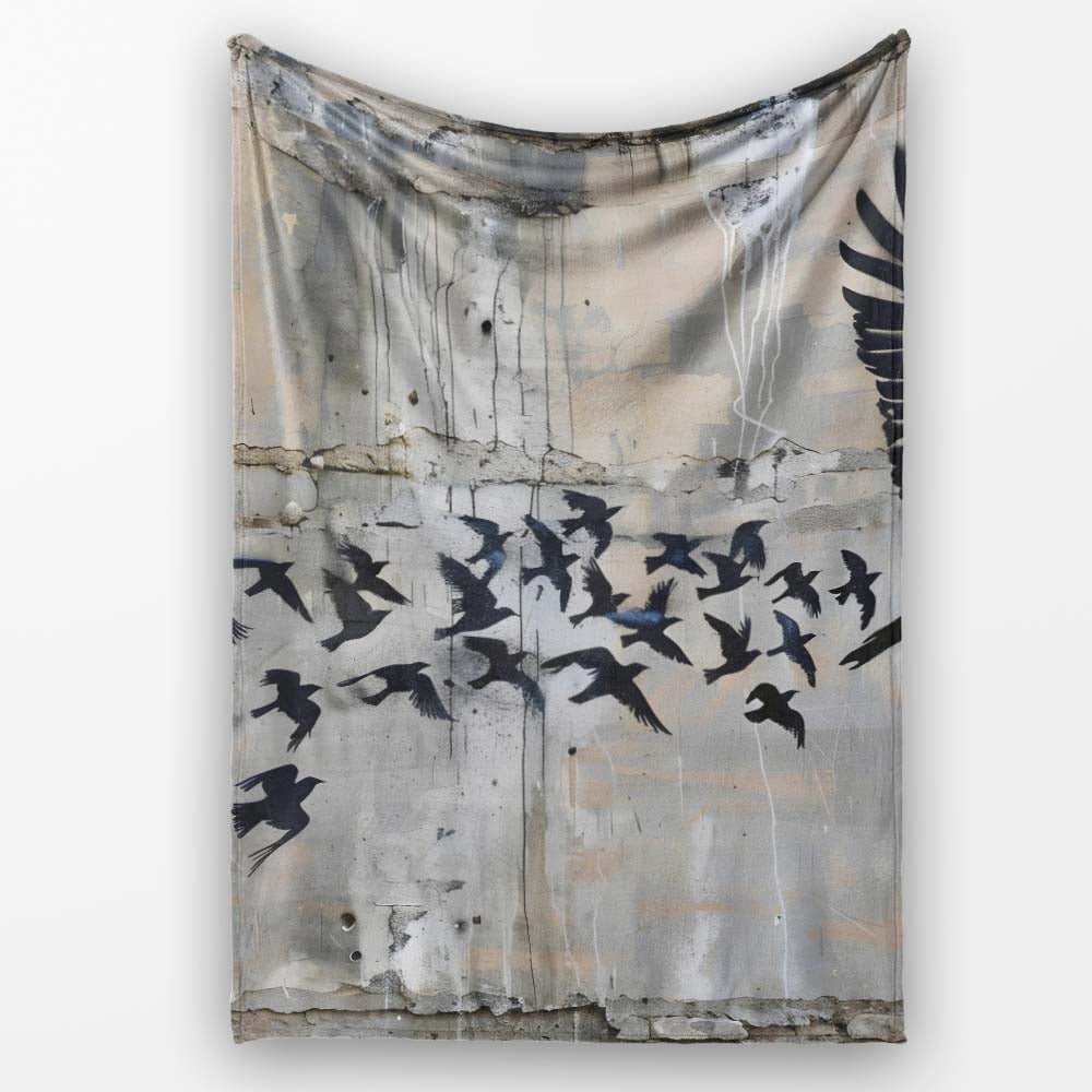 Flying Black Birds Flock Urban Graffiti Wall Art, All Season Comfort, Gift for Adults and Teens - Super Soft Fleece Blanket Bed Sofa Throw