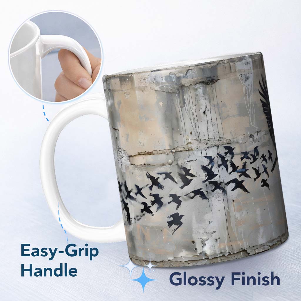 Flying Black Birds Flock Urban Graffiti Wall Art 11oz Ceramic Coffee Tea Mug White Large Handle