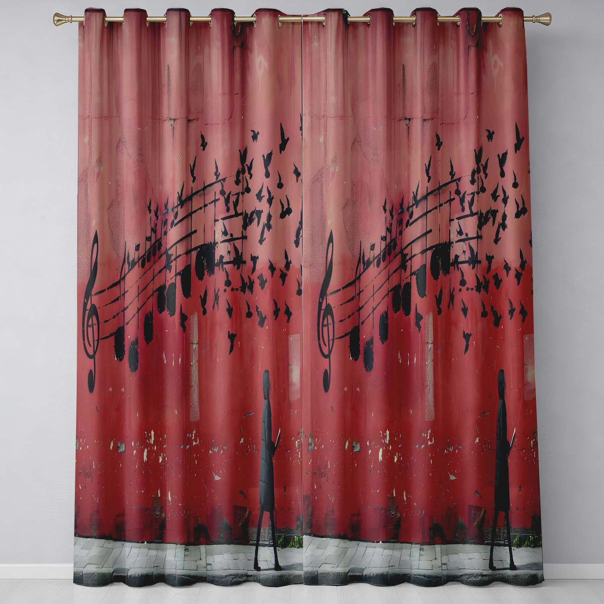 Red Music Notes Transforming Into Flying Birds Art Expressive Wall Art Home Decor Readymade Eyelet Ring Top Thermal 100% Blackout Curtains