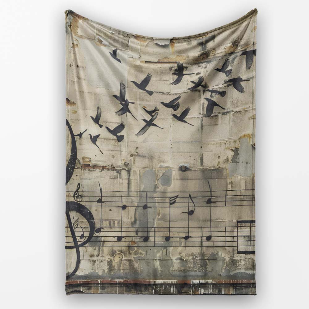Beige Musical Staff and Flying Birds Street Art, Bedroom Living Room Accent, All Season Comfort - Super Soft Fleece Blanket Bed Sofa Throw