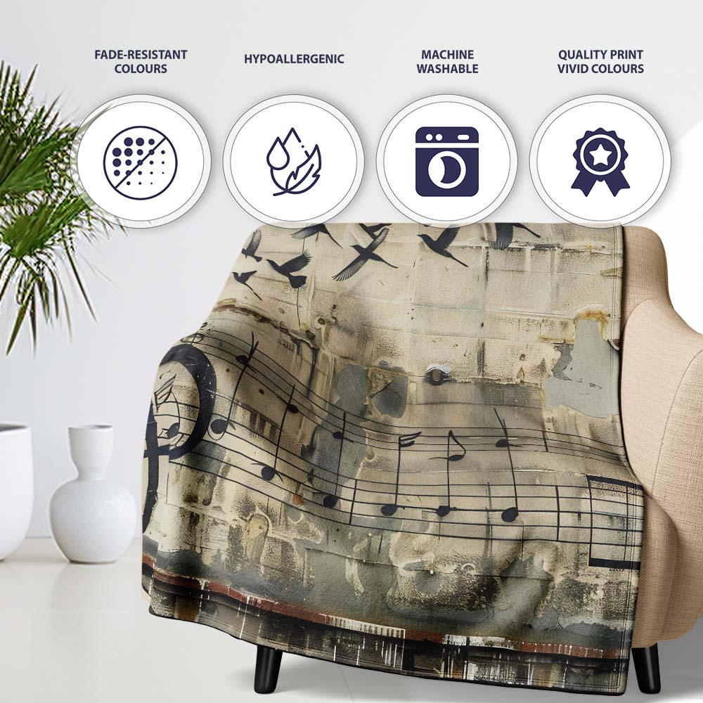 Beige Musical Staff and Flying Birds Street Art, Bedroom Living Room Accent, All Season Comfort - Super Soft Fleece Blanket Bed Sofa Throw