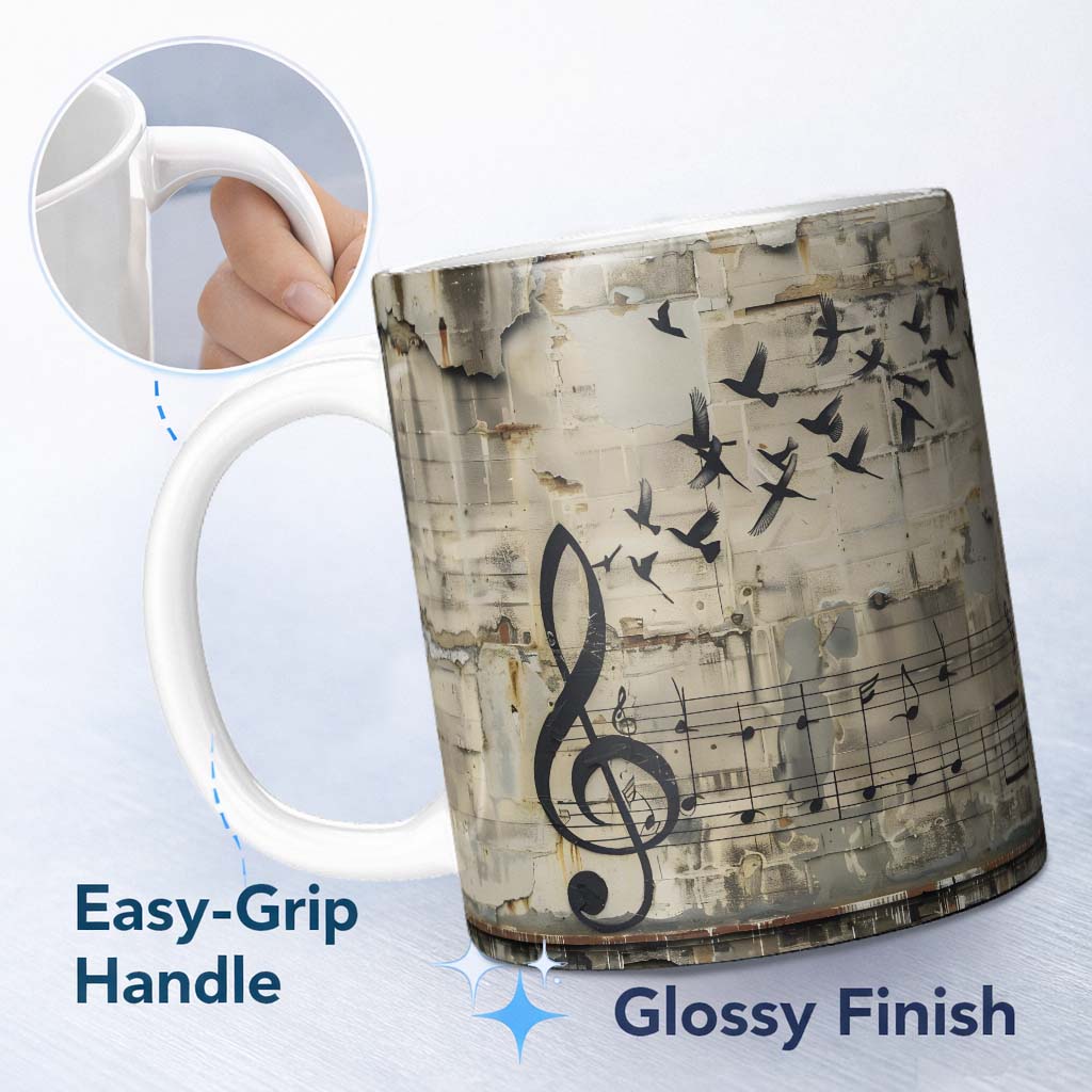 Beige Musical Staff and Flying Birds Street Art 11oz Ceramic Coffee Tea Mug White Large Handle