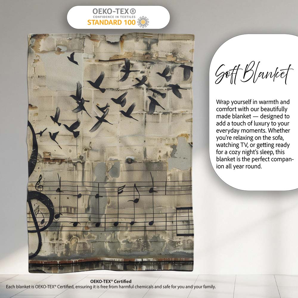Beige Musical Staff and Flying Birds Street Art, Bedroom Living Room Accent, All Season Comfort - Super Soft Fleece Blanket Bed Sofa Throw
