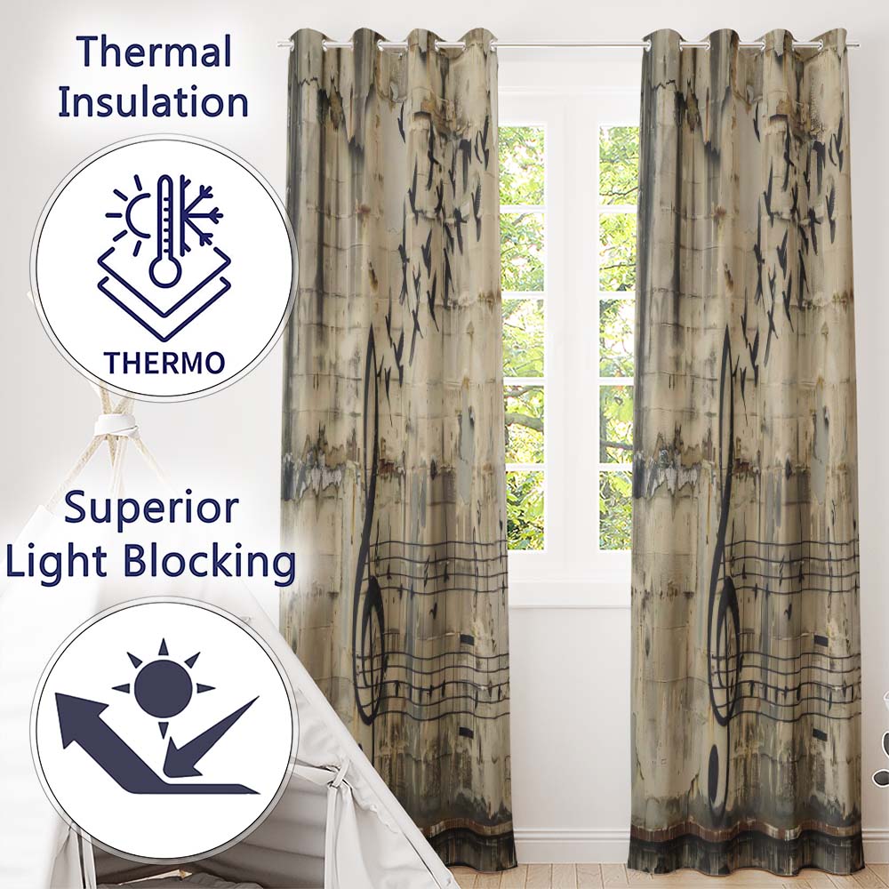 Beige Musical Staff and Flying Birds Street Art Elegant Artwork for Bedroom Decor Readymade Eyelet Ring Top Thermal 100% Blackout Curtains