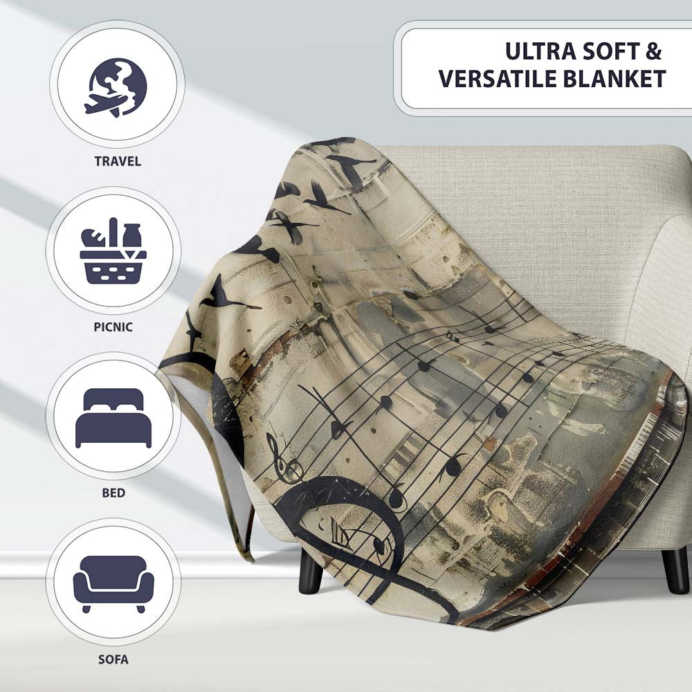 Beige Musical Staff and Flying Birds Street Art, Bedroom Living Room Accent, All Season Comfort - Super Soft Fleece Blanket Bed Sofa Throw