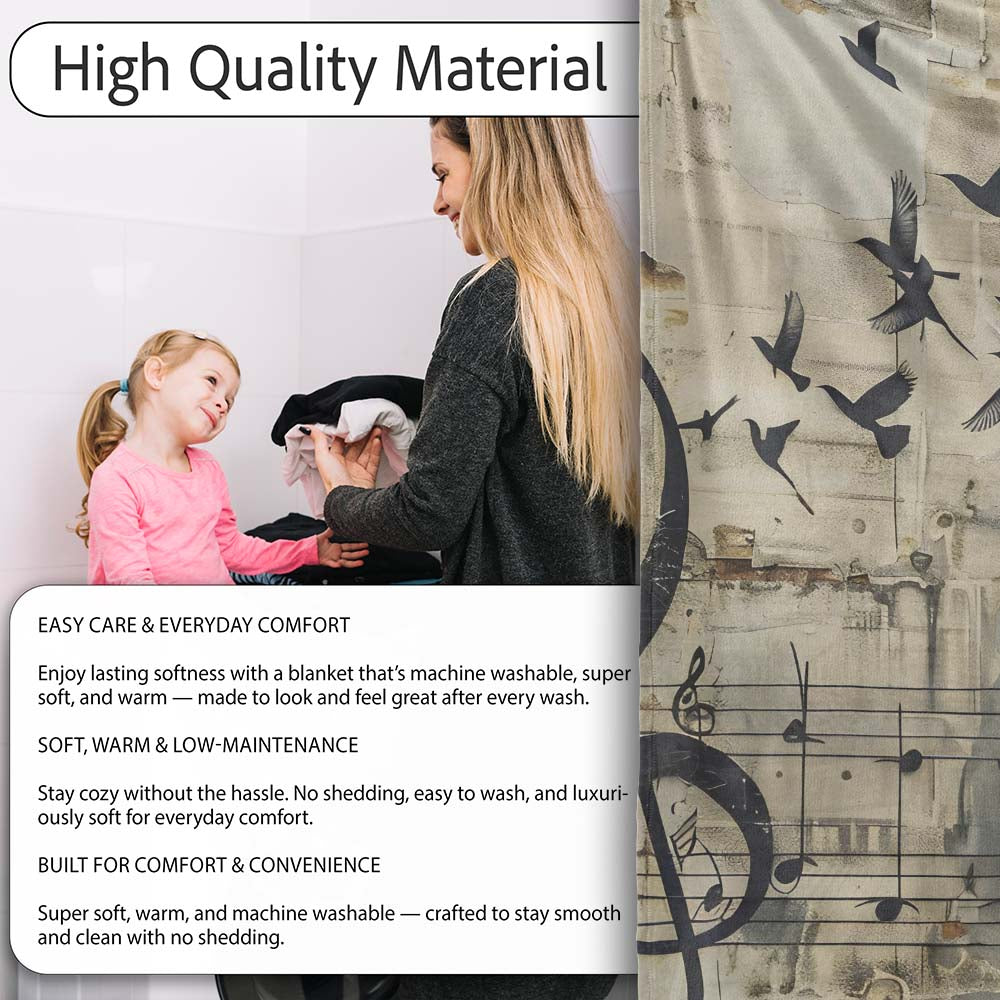 Beige Musical Staff and Flying Birds Street Art, Bedroom Living Room Accent, All Season Comfort - Super Soft Fleece Blanket Bed Sofa Throw