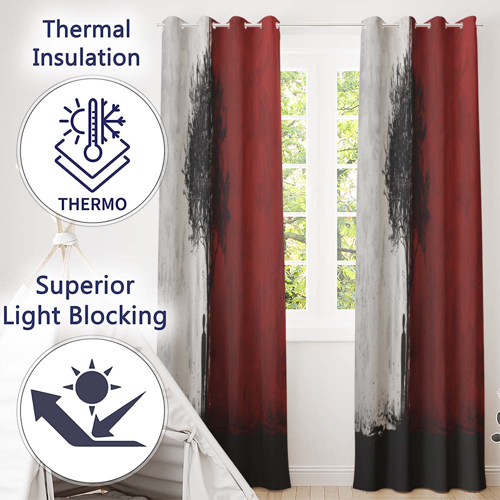 Red White Split Tree and Lone Figure Abstract Art Distinctive Artistic Home Decor Readymade Eyelet Ring Top Thermal 100% Blackout Curtains
