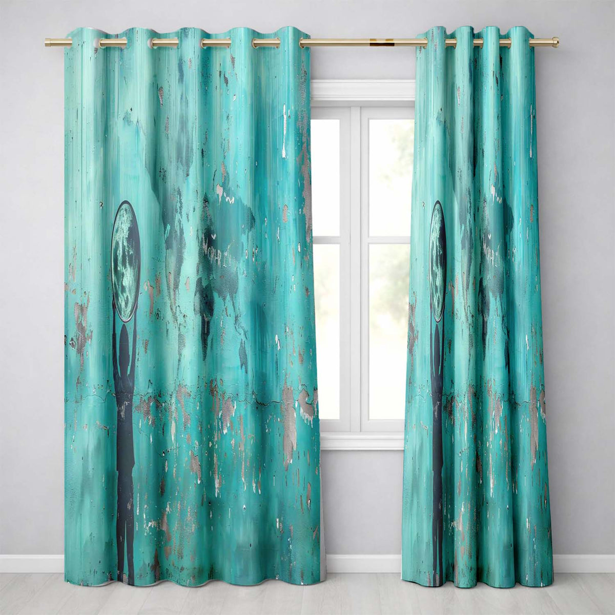 Turquoise Child Holding Moon Globe Street Art Stylish Bold Artwork for Home Decor Readymade Eyelet Ring Top Thermal 100% Blackout Curtains