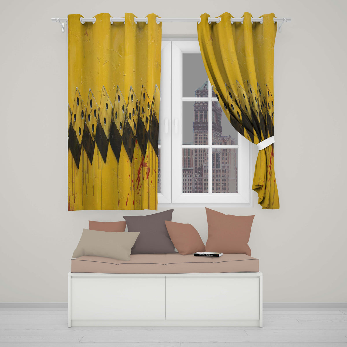 Yellow Black Domino Chain Abstract Graffiti Art Distinctive Design for Home Decor Readymade Eyelet Ring Top Thermal 100% Blackout Curtains