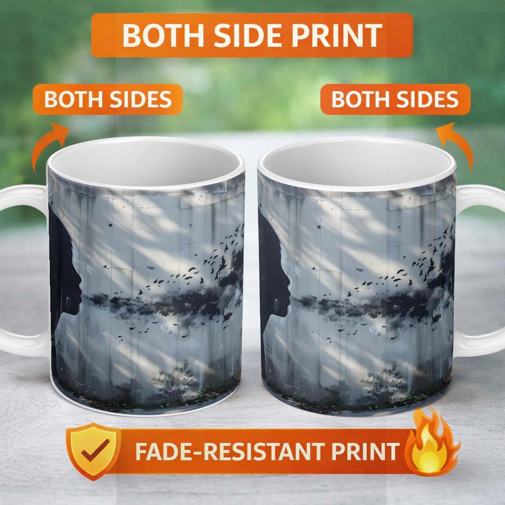 Monochrome Child Profile Birds and Tree Dreamscape Art 11oz Ceramic Coffee Tea Mug White Large Handle