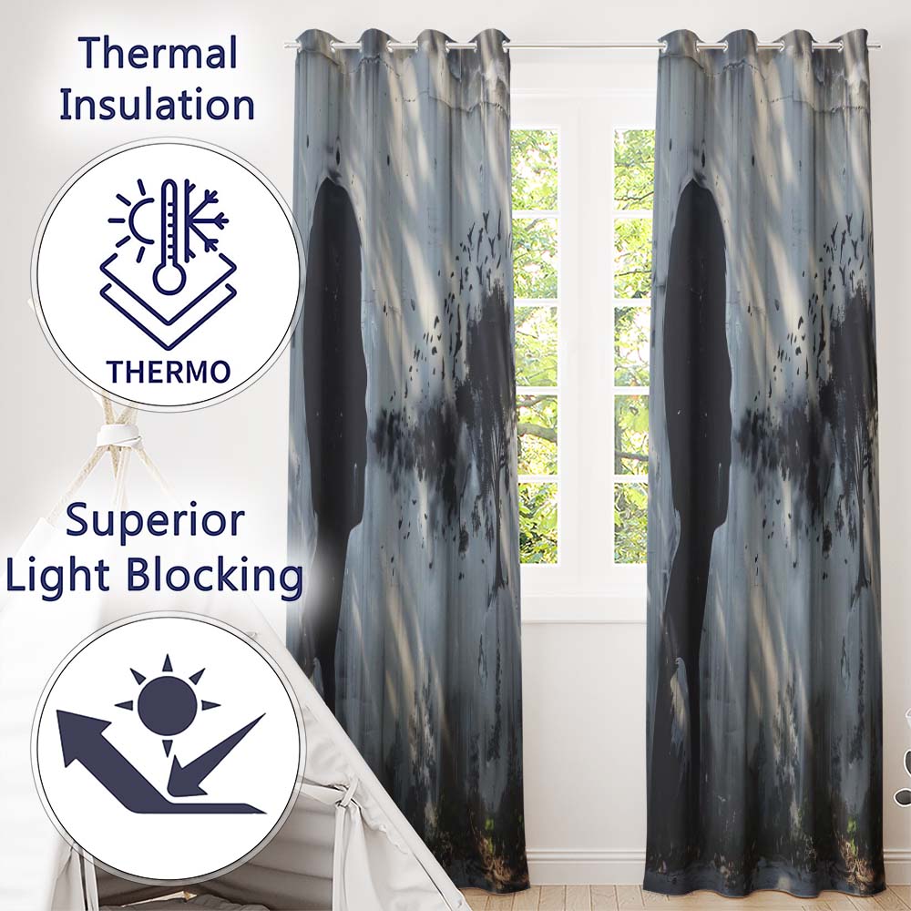 Monochrome Child Profile Birds and Tree Dreamscape Art Modern Wall Art Home Decor Readymade Eyelet Ring Top Thermal 100% Blackout Curtains