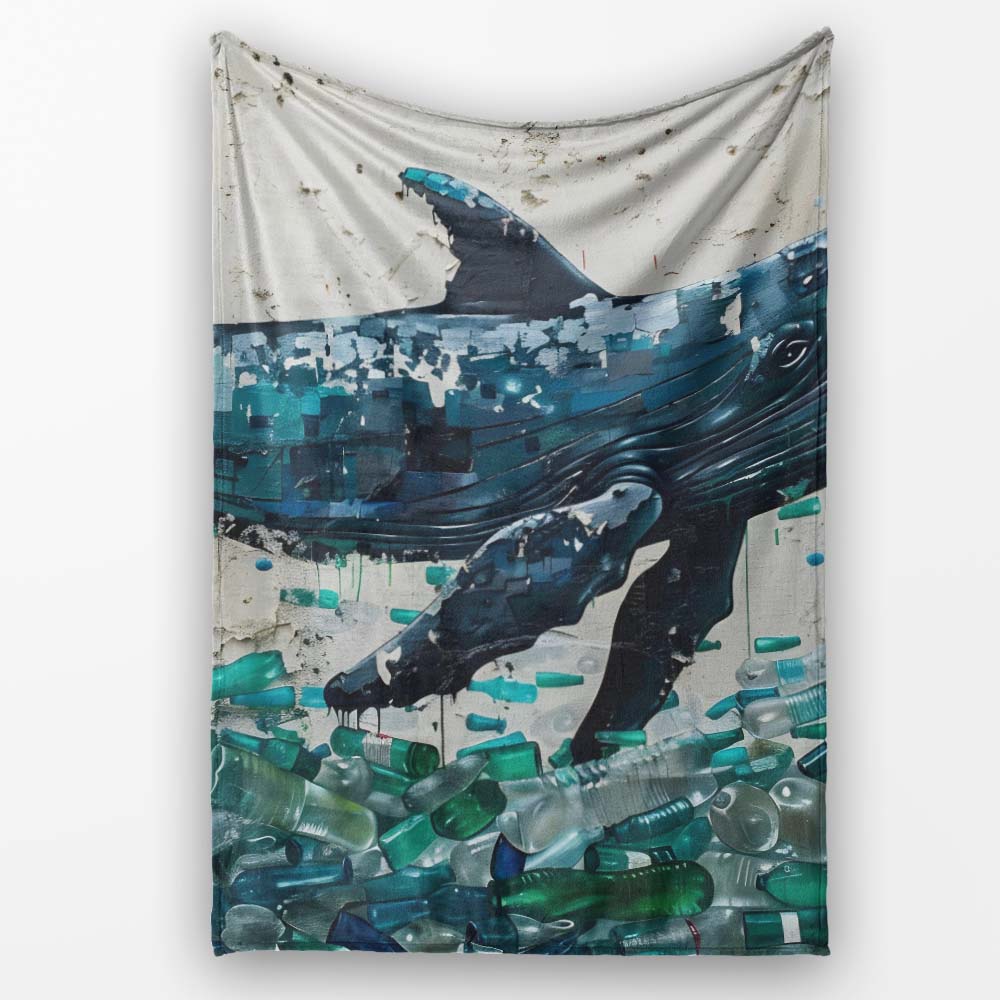 Blue Whale and Plastic Pollution Ocean Street Art, All Season Comfort, Comfortable Everyday Use - Super Soft Fleece Blanket Bed Sofa Throw
