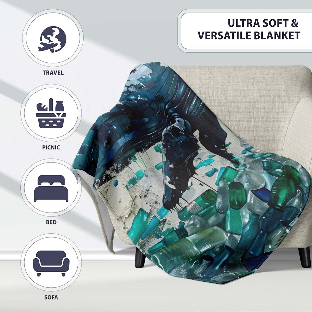 Blue Whale and Plastic Pollution Ocean Street Art, All Season Comfort, Comfortable Everyday Use - Super Soft Fleece Blanket Bed Sofa Throw