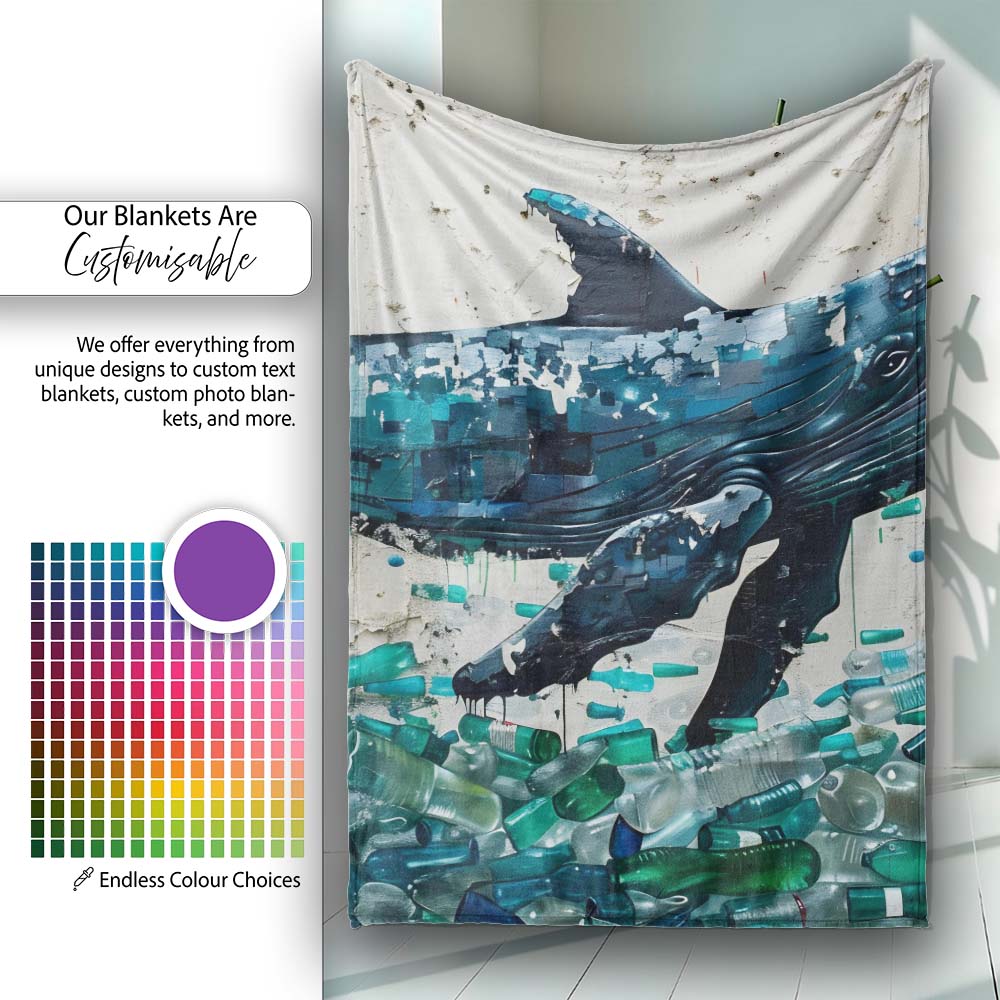 Blue Whale and Plastic Pollution Ocean Street Art, All Season Comfort, Comfortable Everyday Use - Super Soft Fleece Blanket Bed Sofa Throw