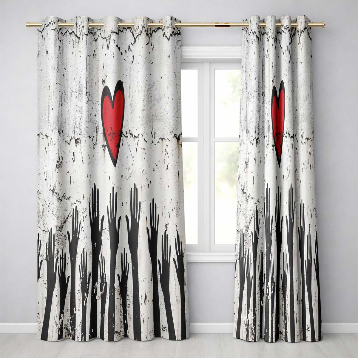 Red Heart Above Raised Hands Community Street Art Distinctive Wall Art Home Decor Readymade Eyelet Ring Top Thermal 100% Blackout Curtains