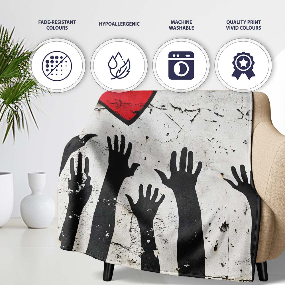Red Heart Above Raised Hands Community Street Art, All Season Comfort, Comfortable Everyday Use - Super Soft Fleece Blanket Bed Sofa Throw