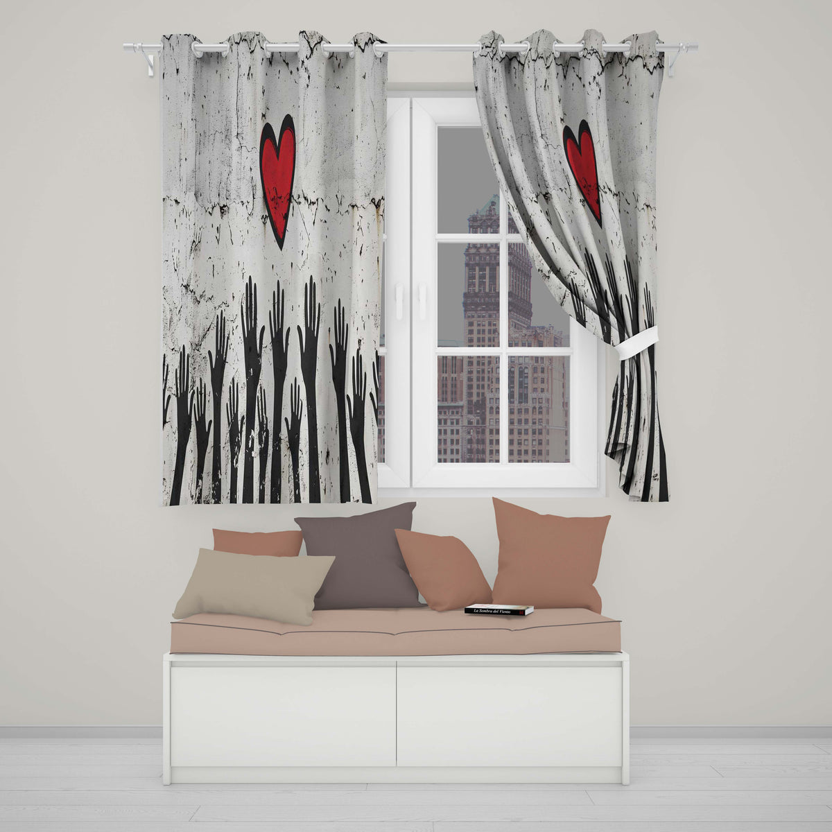 Red Heart Above Raised Hands Community Street Art Distinctive Wall Art Home Decor Readymade Eyelet Ring Top Thermal 100% Blackout Curtains