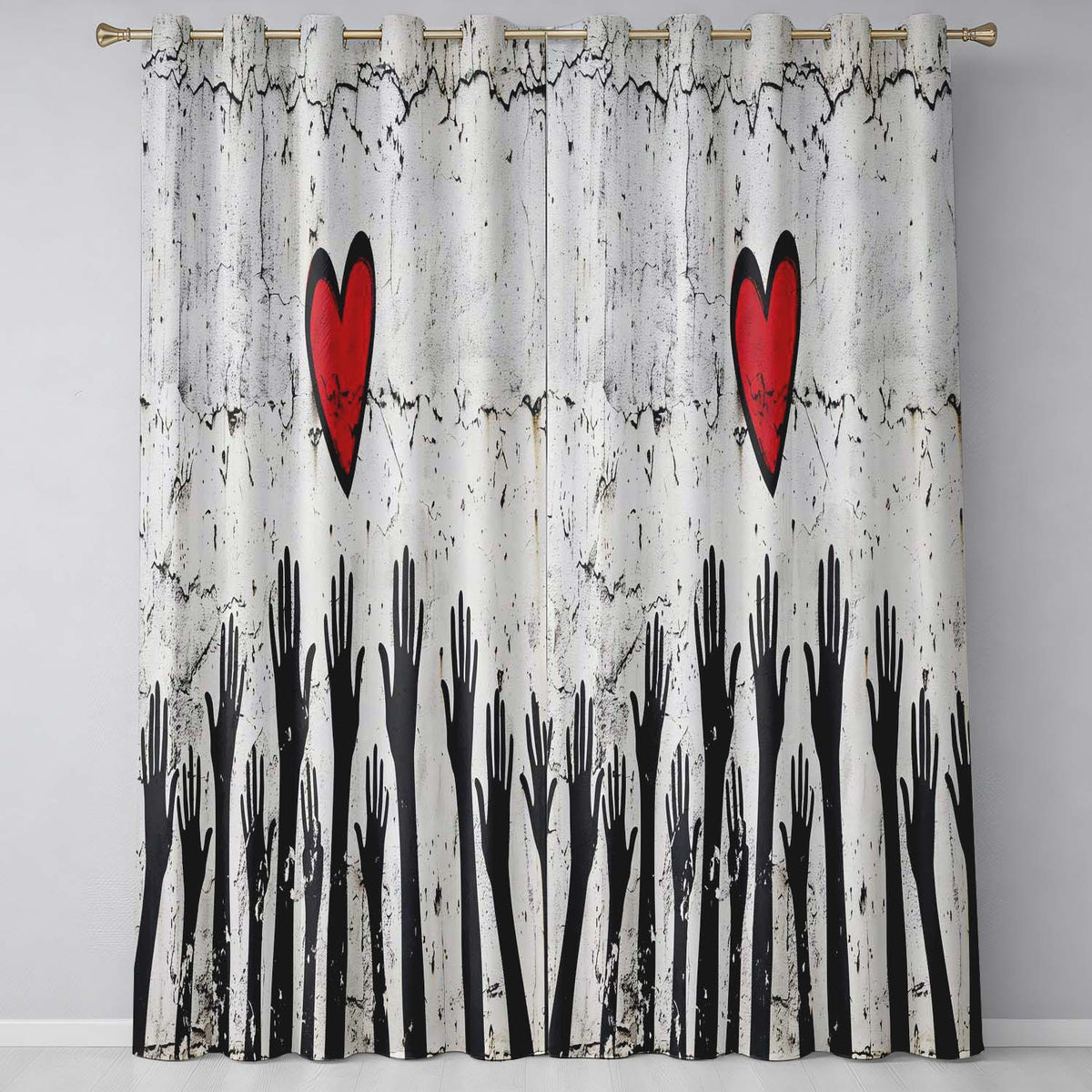 Red Heart Above Raised Hands Community Street Art Distinctive Wall Art Home Decor Readymade Eyelet Ring Top Thermal 100% Blackout Curtains