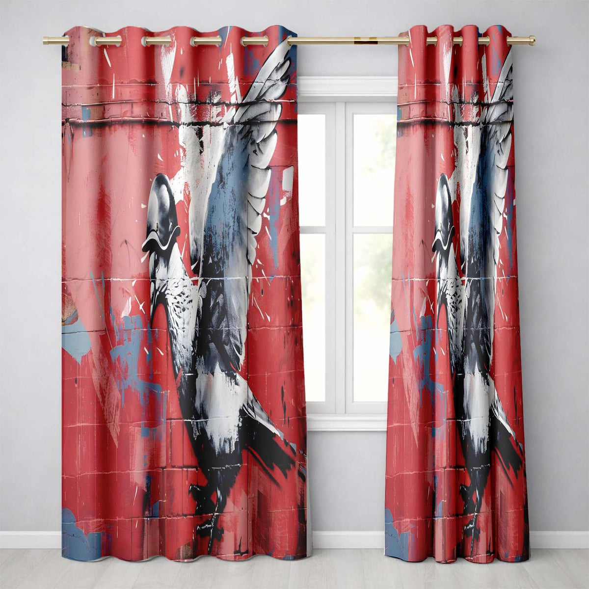 Grey Pigeon in Flight on Red Graffiti Background Unique Artwork for Bedroom Decor Readymade Eyelet Ring Top Thermal 100% Blackout Curtains