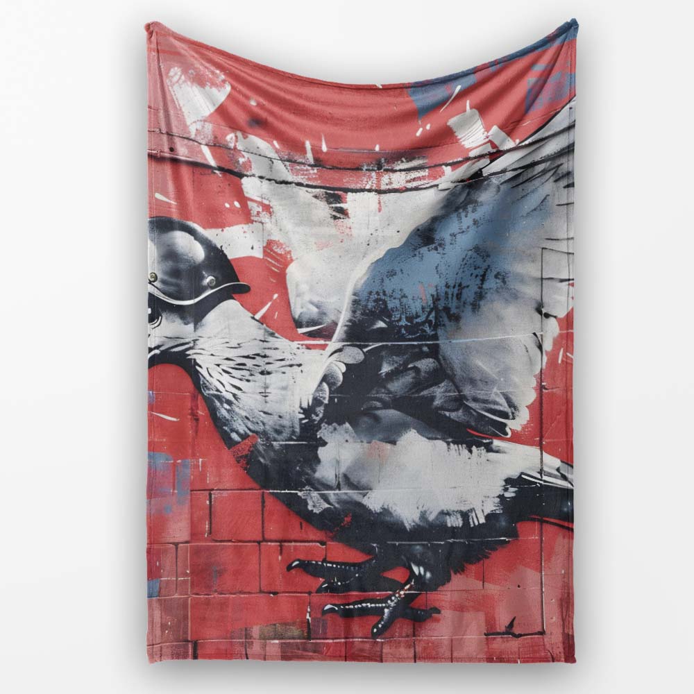 Grey Pigeon in Flight on Red Graffiti Background, All Season Comfort, Decorative Wall Art Style - Super Soft Fleece Blanket Bed Sofa Throw