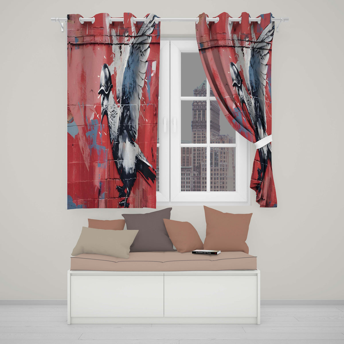 Grey Pigeon in Flight on Red Graffiti Background Unique Artwork for Bedroom Decor Readymade Eyelet Ring Top Thermal 100% Blackout Curtains