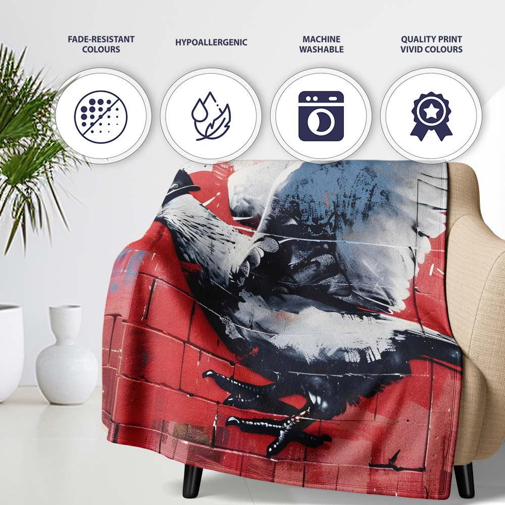 Grey Pigeon in Flight on Red Graffiti Background, All Season Comfort, Decorative Wall Art Style - Super Soft Fleece Blanket Bed Sofa Throw