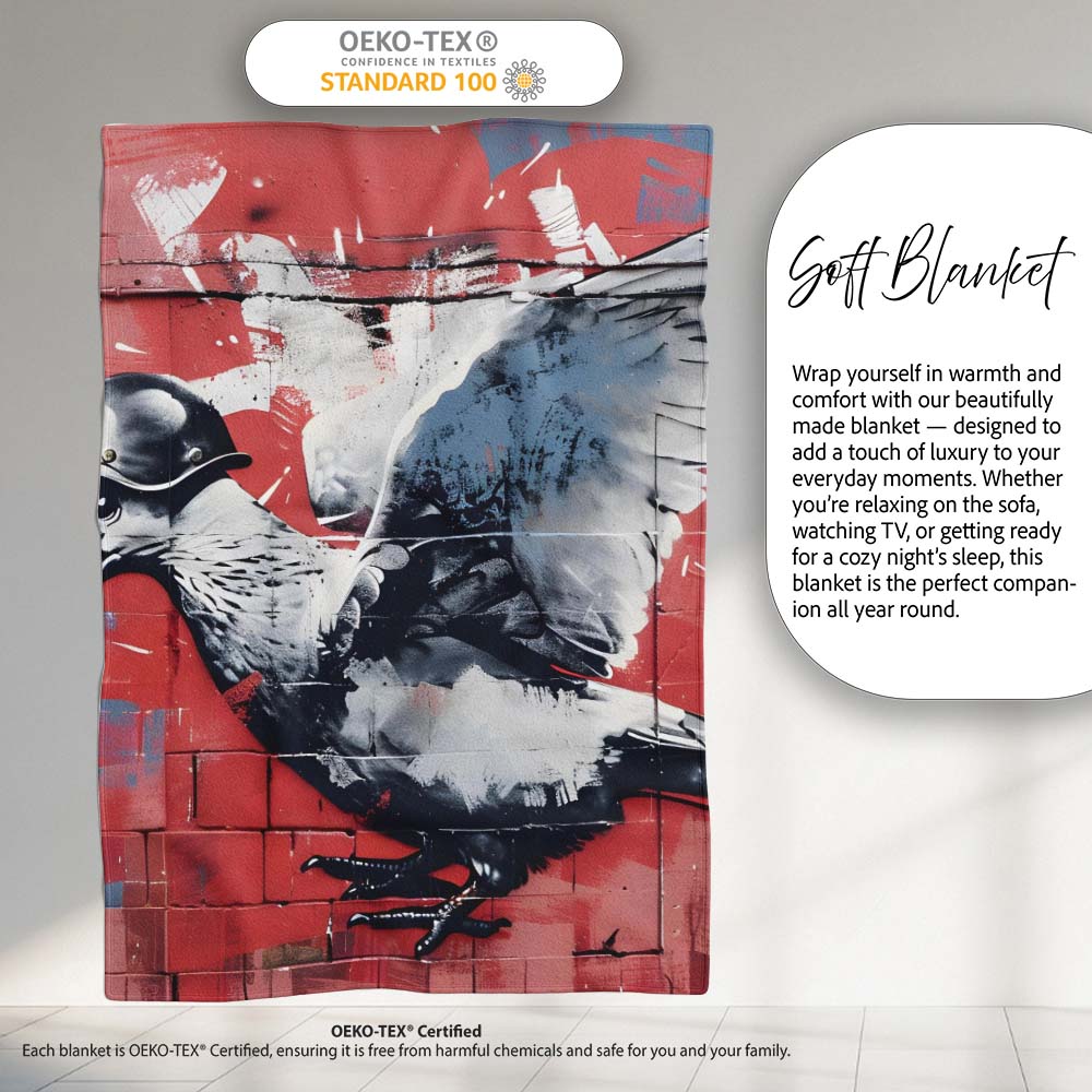 Grey Pigeon in Flight on Red Graffiti Background, All Season Comfort, Decorative Wall Art Style - Super Soft Fleece Blanket Bed Sofa Throw