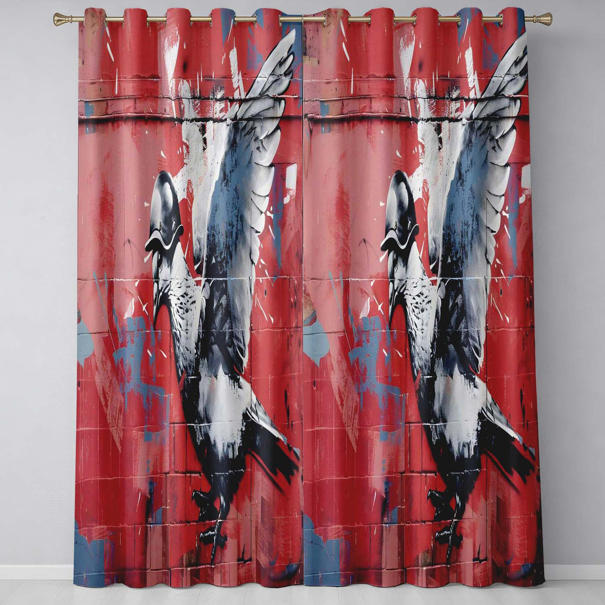 Grey Pigeon in Flight on Red Graffiti Background Unique Artwork for Bedroom Decor Readymade Eyelet Ring Top Thermal 100% Blackout Curtains