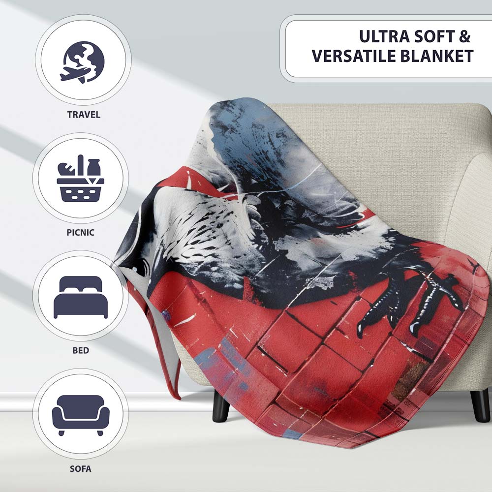 Grey Pigeon in Flight on Red Graffiti Background, All Season Comfort, Decorative Wall Art Style - Super Soft Fleece Blanket Bed Sofa Throw