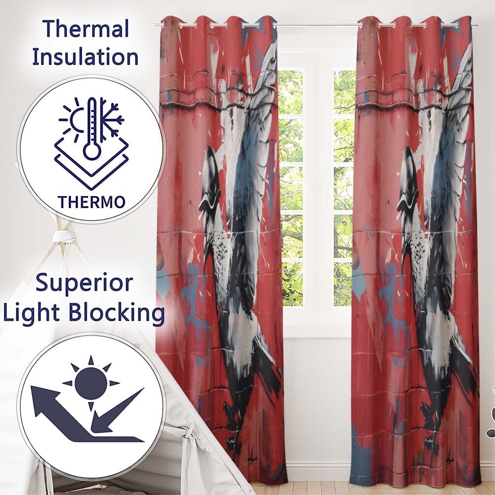 Grey Pigeon in Flight on Red Graffiti Background Unique Artwork for Bedroom Decor Readymade Eyelet Ring Top Thermal 100% Blackout Curtains